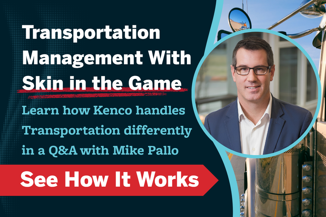 Mike Pallo pictured beside a semi-truck with the headline “Transportation Management With Skin in the Game,” promoting a Kenco Q&A.