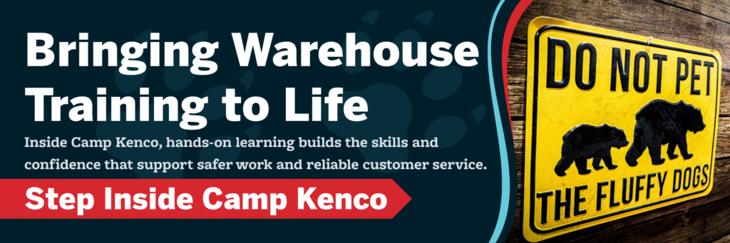 Camp Kenco banner highlighting warehouse training and workforce development with the headline "Bringing Warehouse Training to Life" and messaging focused on hands-on learning, associate confidence, workplace safety, and operational excellence.