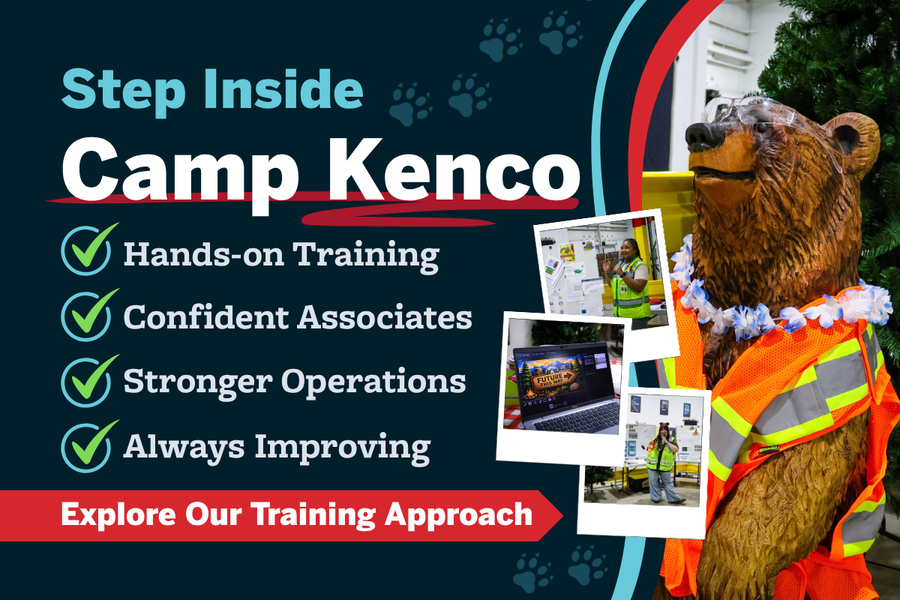 Camp Kenco training graphic featuring a bear mascot wearing a safety vest alongside images of associates participating in hands-on warehouse training activities, including safety exercises, quality instruction, and operational learning programs designed to prepare employees for warehouse success.