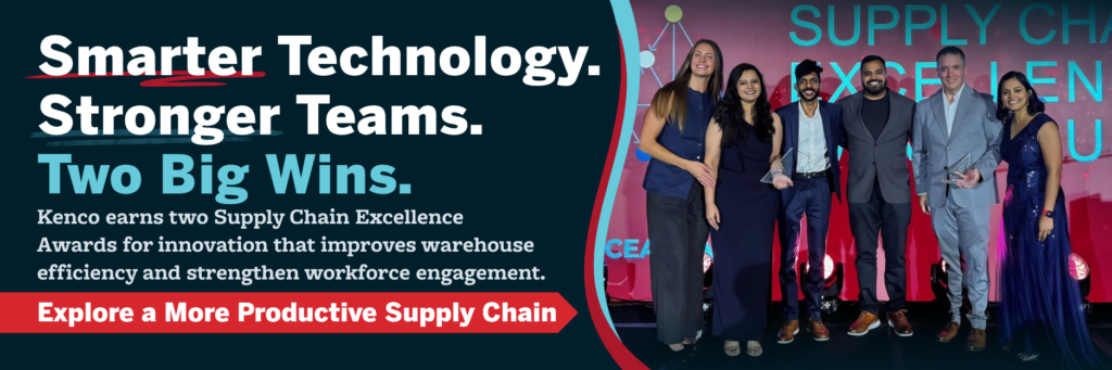 Kenco celebrates two Supply Chain Excellence Awards for warehouse efficiency and workforce engagement, with six team members posing with trophies. Explore a more productive supply chain.