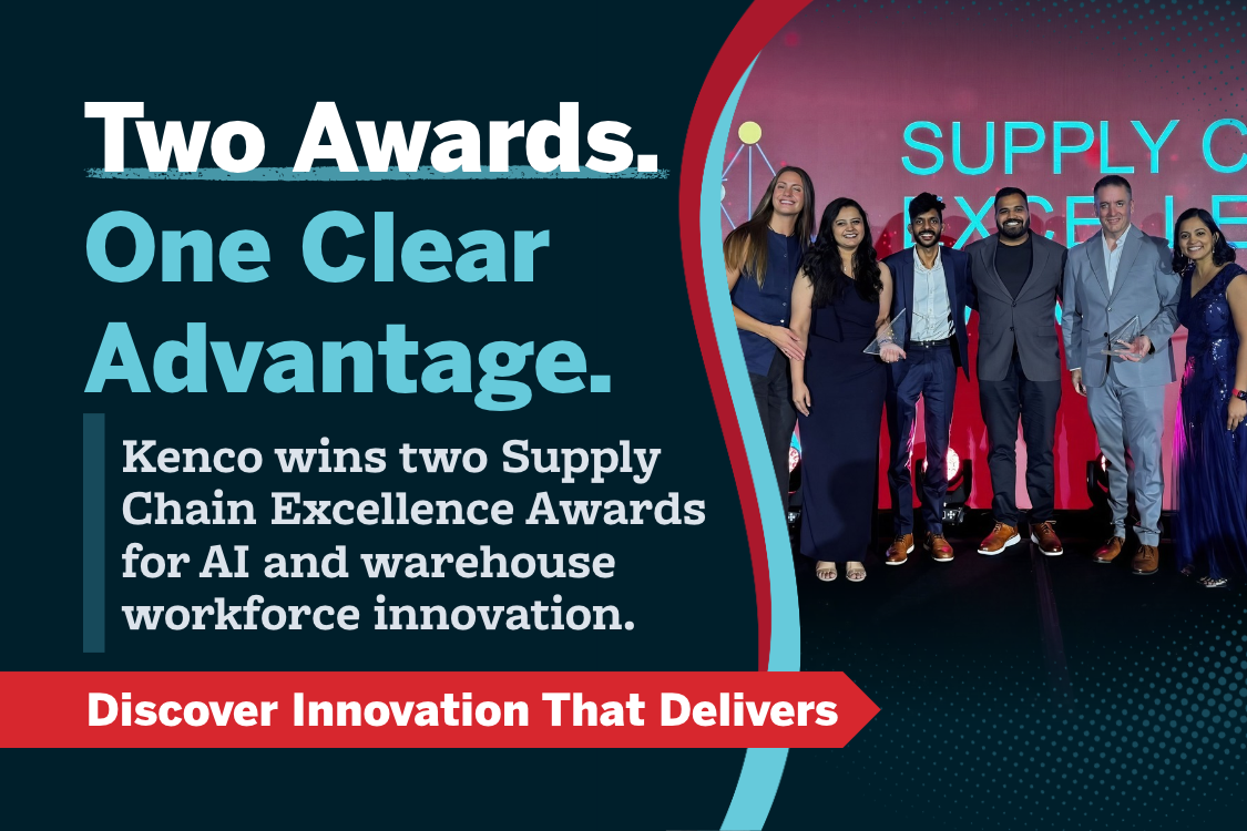 Kenco’s team poses with trophies beside text celebrating two Supply Chain Excellence Awards for AI and warehouse workforce innovation.