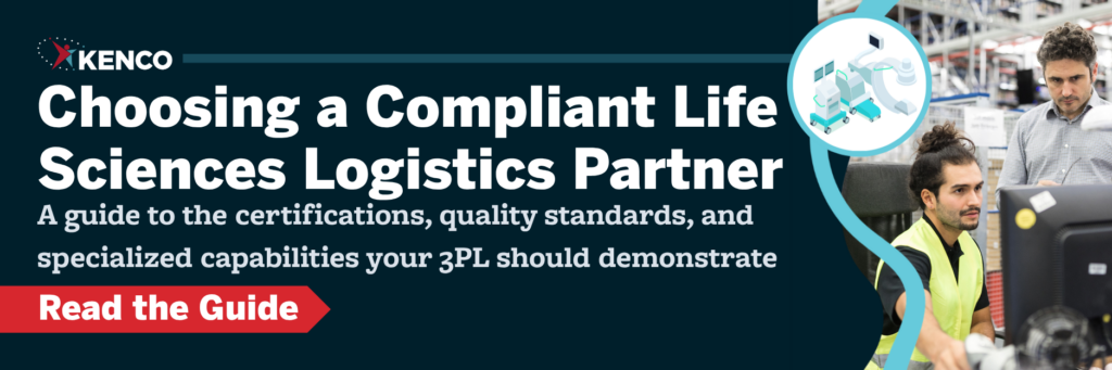 Banner promoting life sciences 3PL compliance requirements with warehouse operations, medical logistics graphic elements, and content focused on certifications, FDA readiness, cold chain storage, and regulated healthcare supply chains.