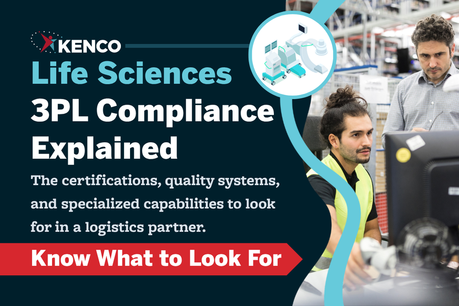 Life sciences logistics compliance guide featuring warehouse professionals, healthcare supply chain imagery, and messaging about certifications, quality systems, regulatory standards, and temperature-controlled 3PL capabilities.