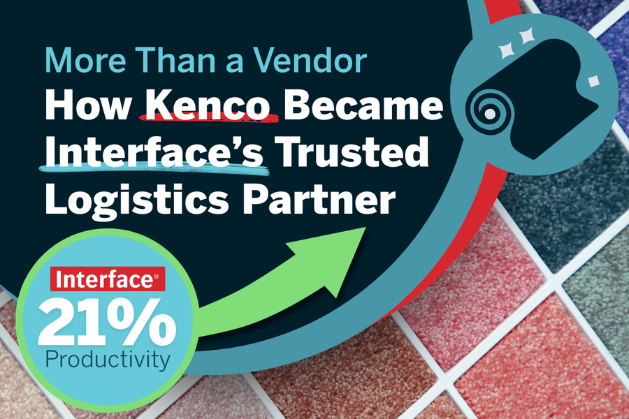 “More Than a Vendor” case study graphic featuring carpet samples and highlighting Interface’s 21% productivity increase through its logistics partnership with Kenco.