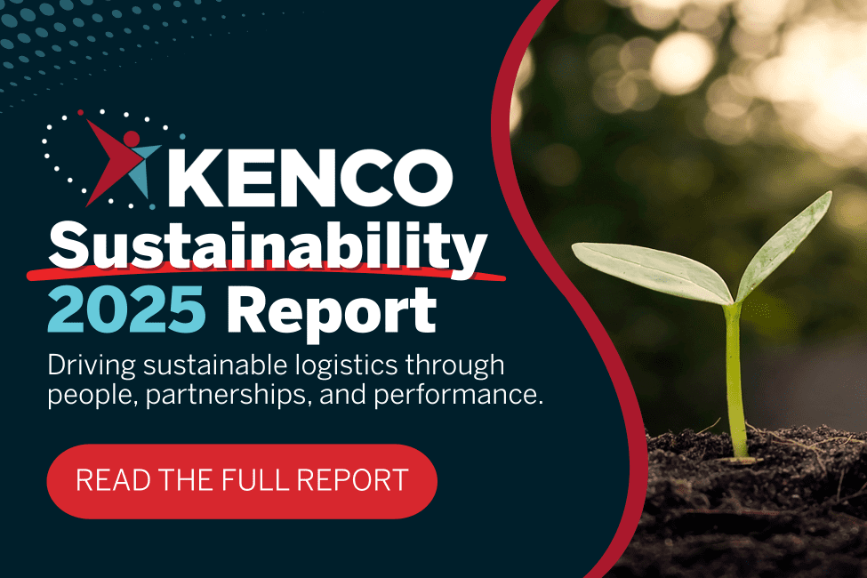 Kenco 2025 Sustainability Report thumbnail showing a green plant sprouting from soil beside the Kenco logo and a red button reading “Read the Full Report.”